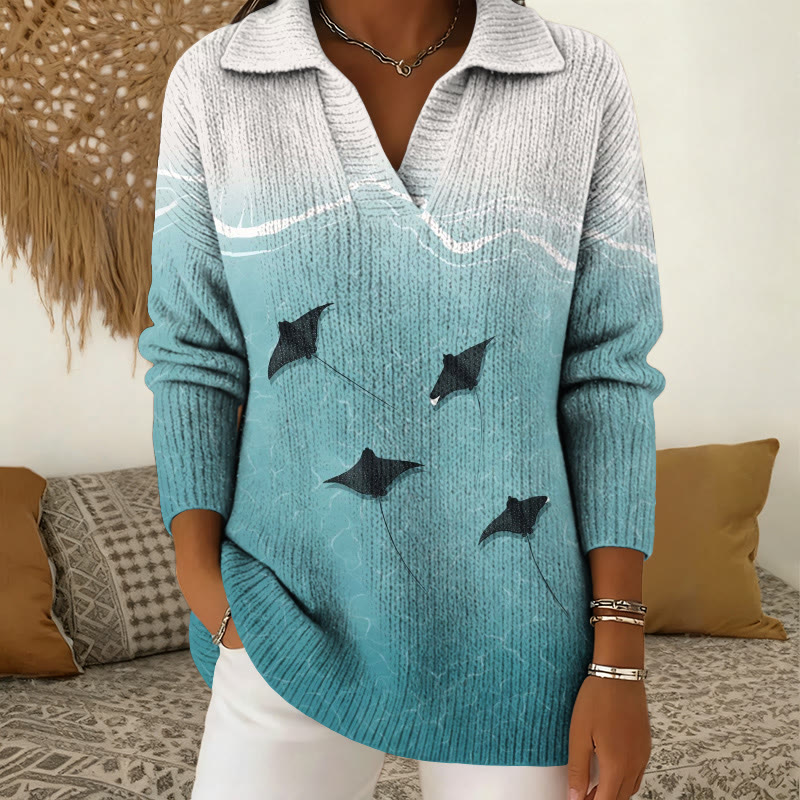 Manta Ray Underwater Gradient  Art Print Polo Collar Long Sleeved Sweater - Lake Blue - 5XL - image 1