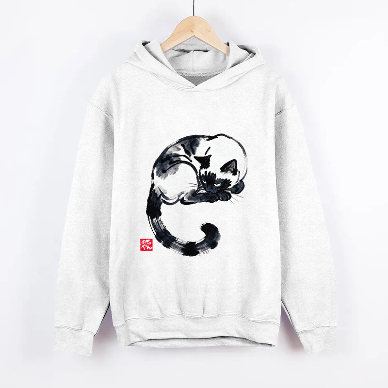 Unisex Ink Painting Cat Pattern Long Sleeved Hoodie - White - US44-46(8XL) - image 2