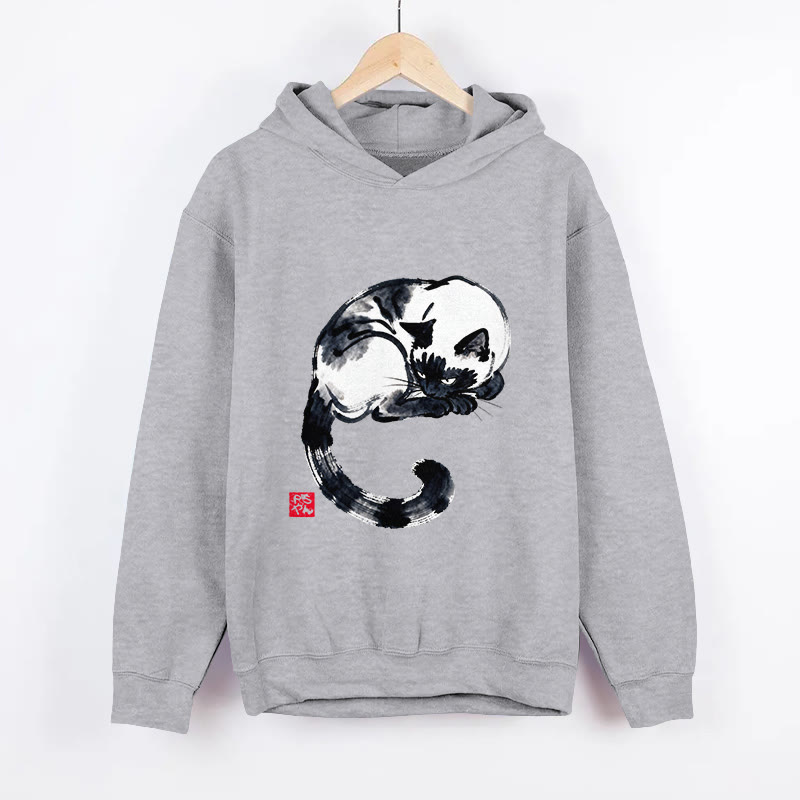 Unisex Ink Painting Cat Pattern Long Sleeved Hoodie - Grey - US44-46(8XL) - image 1