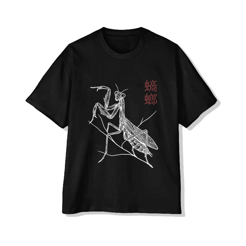 Unisex Vintage Mantis Pattern Short Sleeved Crew Neck T-Shirt - Black - 2XL - image 3