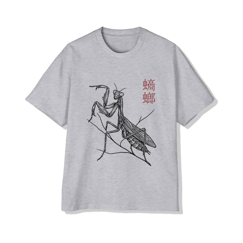 Unisex Vintage Mantis Pattern Short Sleeved Crew Neck T-Shirt - Grey - 2XL - image 1