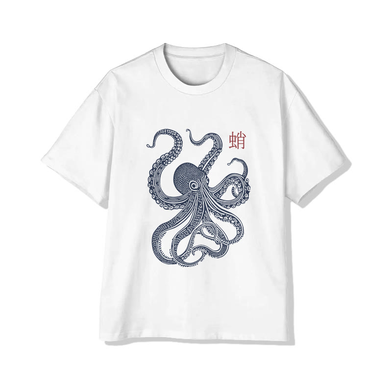 Unisex Japanese Octopus Pattern Short Sleeved Crew Neck T-Shirt - White - 2XL - image 1