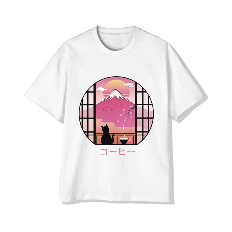 Unisex Japanese Style Cat Pattern Short Sleeved Crew Neck T-Shirt - White - 2XL - image 3