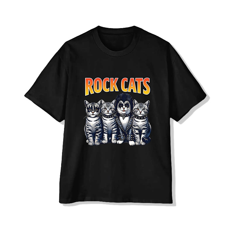 Unisex Rock Cats  Pattern Short Sleeved Crew Neck T-Shirt - Black - 2XL - image 1