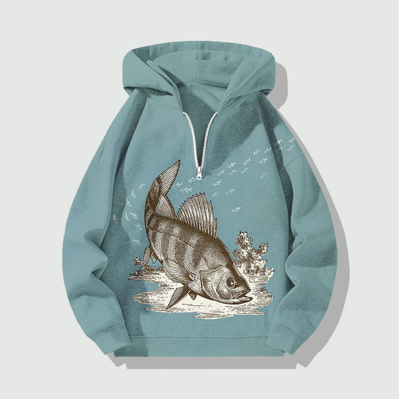 Unisex Vintage Line Art Fish Print Half Zip Hoodie - Blue - US32-34(5XL) - image 1