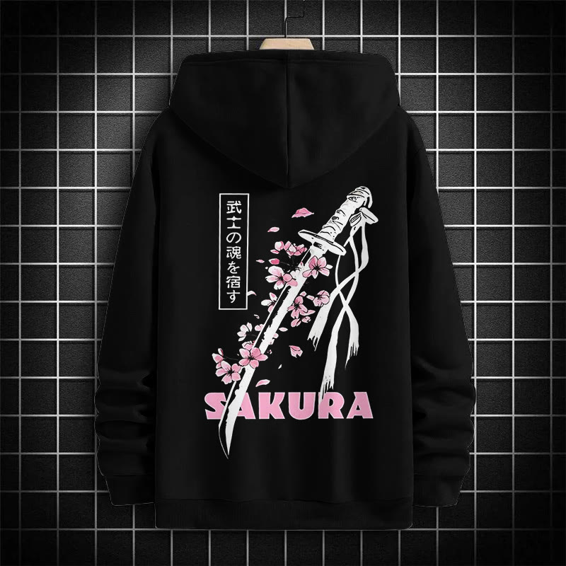  Men's Japanese Cherry Blossoms And Samurai Sword Patterns Print Hoodie - Black - US16-18(2XL) - image 1