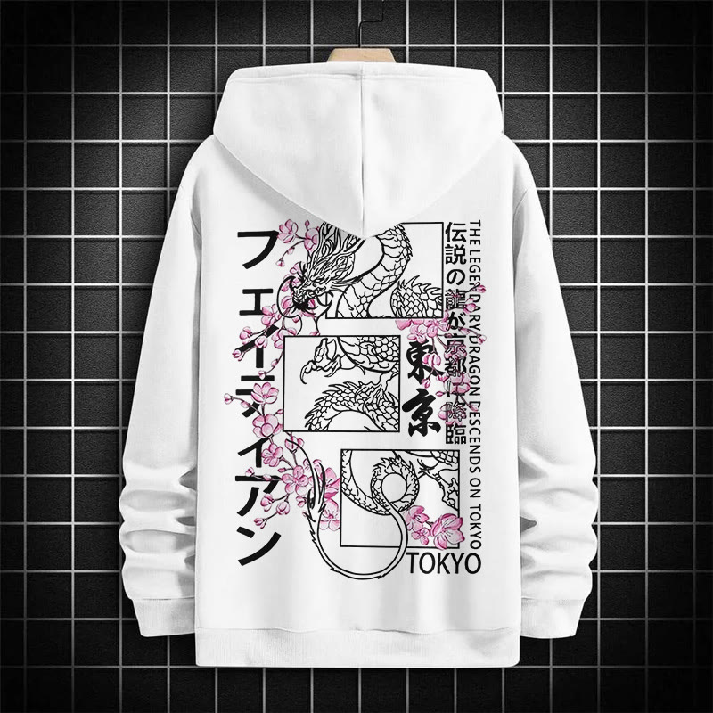  Men's Dragon Of Cherry Blossoms Tokyo Patterns Print Hoodie - White - US16-18(2XL) - image 1