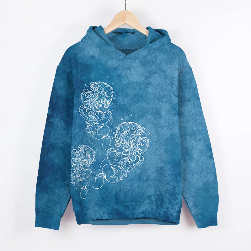 Vintage Chalk Drawing Of Jellyfish Art Print Long Sleeve Hoodie - Blue - US44-46(8XL) - image 1