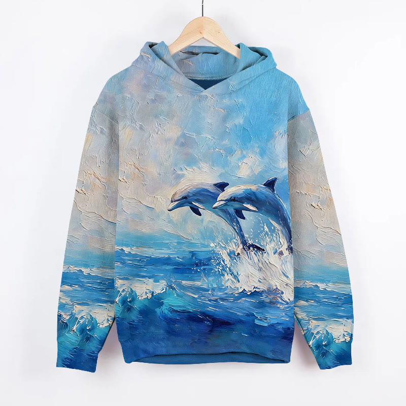 Oil Painting Dolphins Art Print Long Sleeve Hoodie - Blue - US44-46(8XL) - image 1