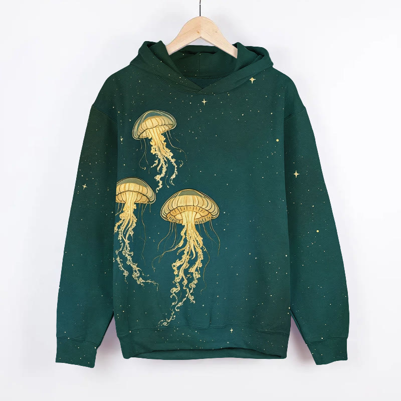 Glowing Jellyfish In Starry Sky Art Print Long Sleeve Hoodie - Green - US44-46(8XL) - image 2