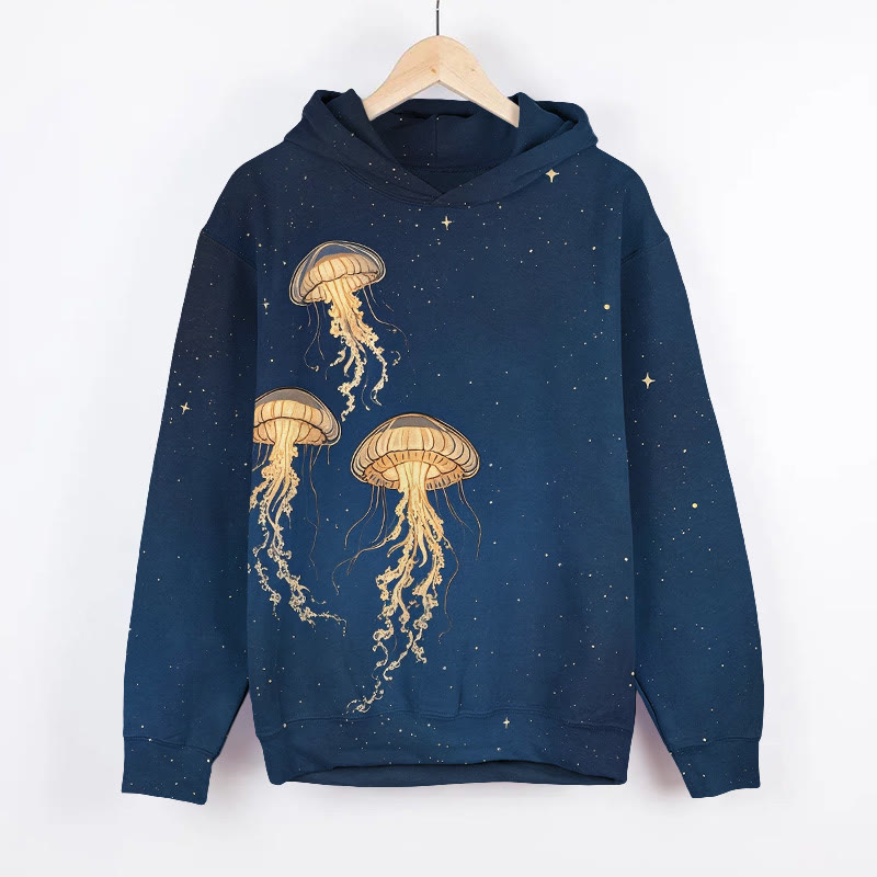 Glowing Jellyfish In Starry Sky Art Print Long Sleeve Hoodie - Blue - US44-46(8XL) - image 1