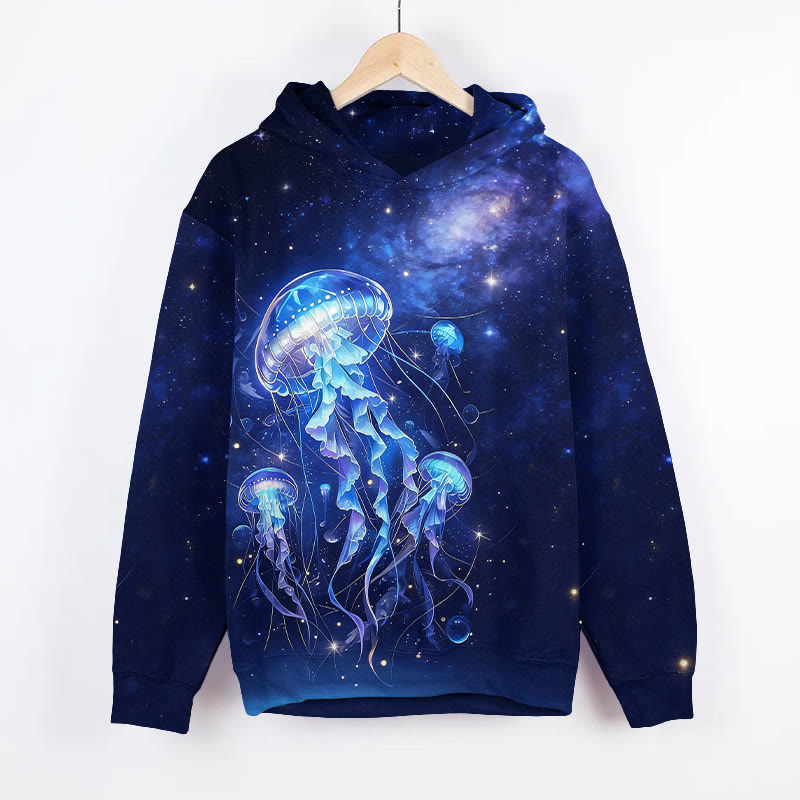 Vintage Glowing Jellyfish In Starry Universe Art Print Long Sleeve Hoodie - Dark Blue - US44-46(8XL) - image 1