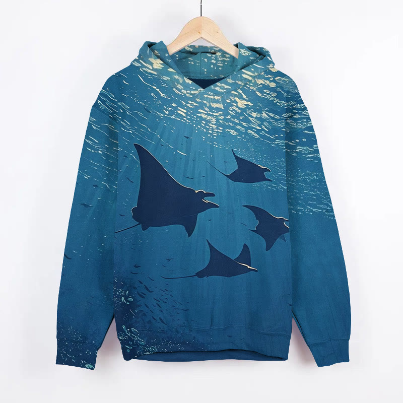 Retro Underwater Ray Art Print Long Sleeve Hoodie - Blue - US44-46(8XL) - image 1