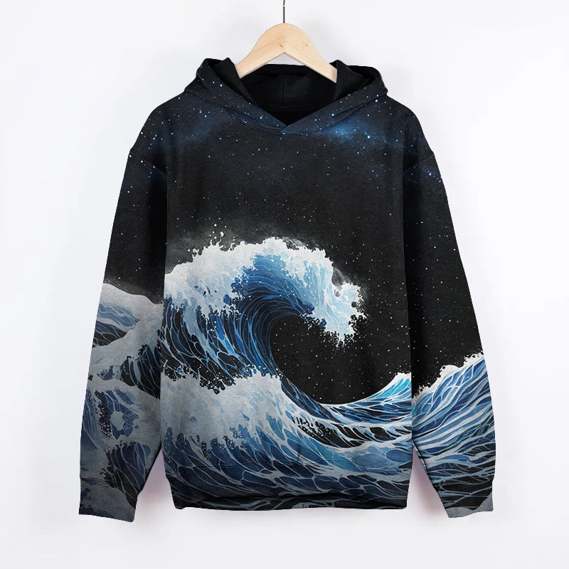 Unisex Deep Space And Ocean Waves Art Print Long Sleeved Hoodie - Navy Blue - US44-46(8XL) - image 1