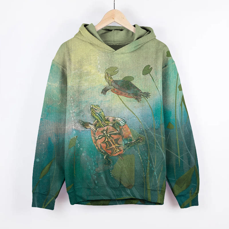 Unisex Sea Turtle Art Print Long Sleeved Hoodie - Green - US44-46(8XL) - image 1
