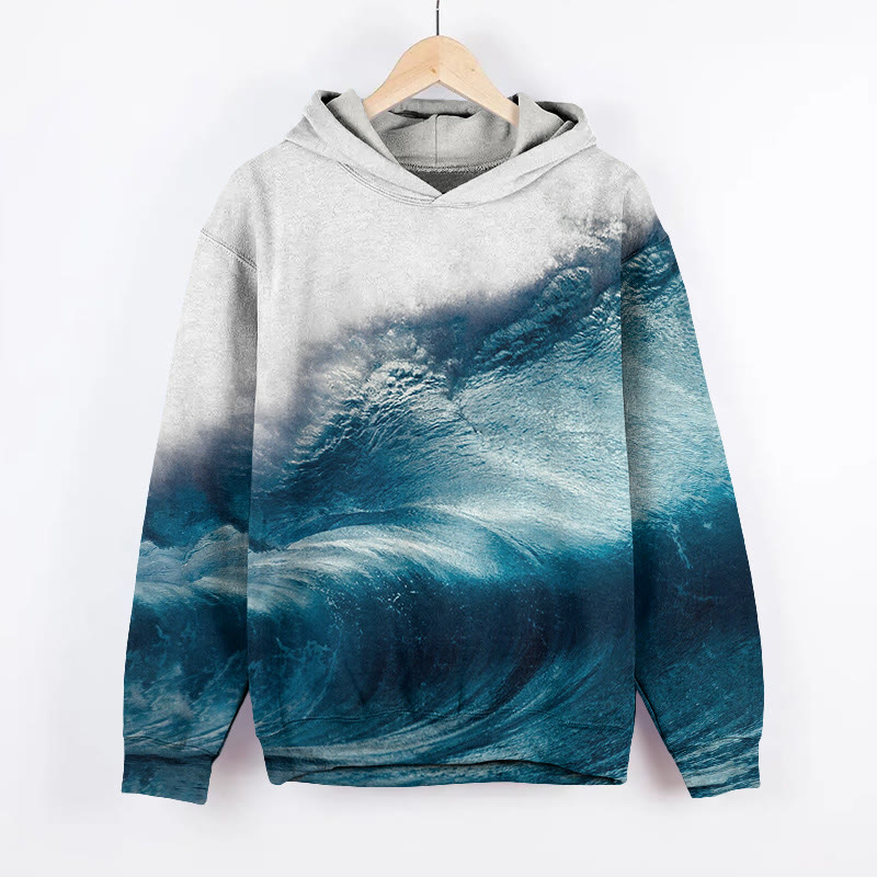Unisex Waves Print Long Sleeved Hoodie - Blue - US44-46(8XL) - image 2