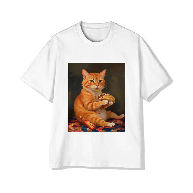 Unisex Vintage Portrait Orange Cat Eating Burger  Pattern Short Sleeved Crew Neck T-Shirt - White - 2XL - image 1