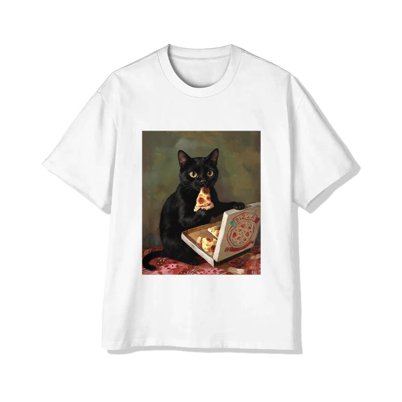 Unisex Vintage Portrait Black Cat Eating Pizza  Pattern Short Sleeved Crew Neck T-Shirt - White - 2XL - image 1