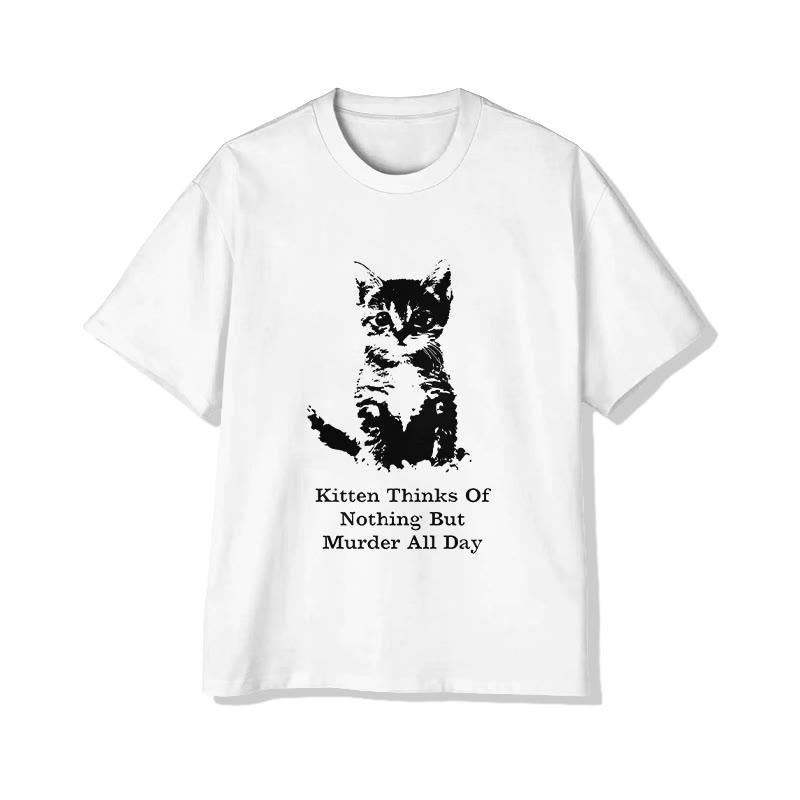 Unisex Cute Kitten "Murder All Day" Pattern Short Sleeved Crew Neck T-Shirt - White - 2XL - image 1