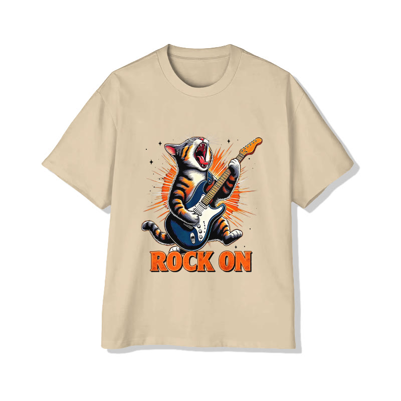 Unisex ROCK ON Cat Pattern Short Sleeved Crew Neck T-Shirt - Apricot - 2XL - image 1