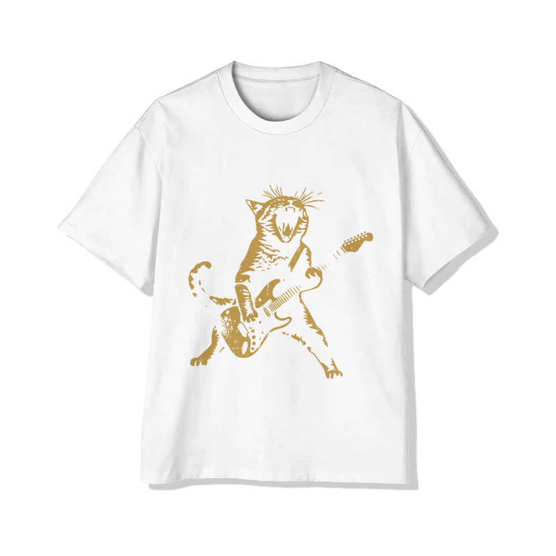 Unisex Vintage Rock Cat Playing Guitar Pattern Short Sleeved Crew Neck T-Shirt - White - 2XL - image 2