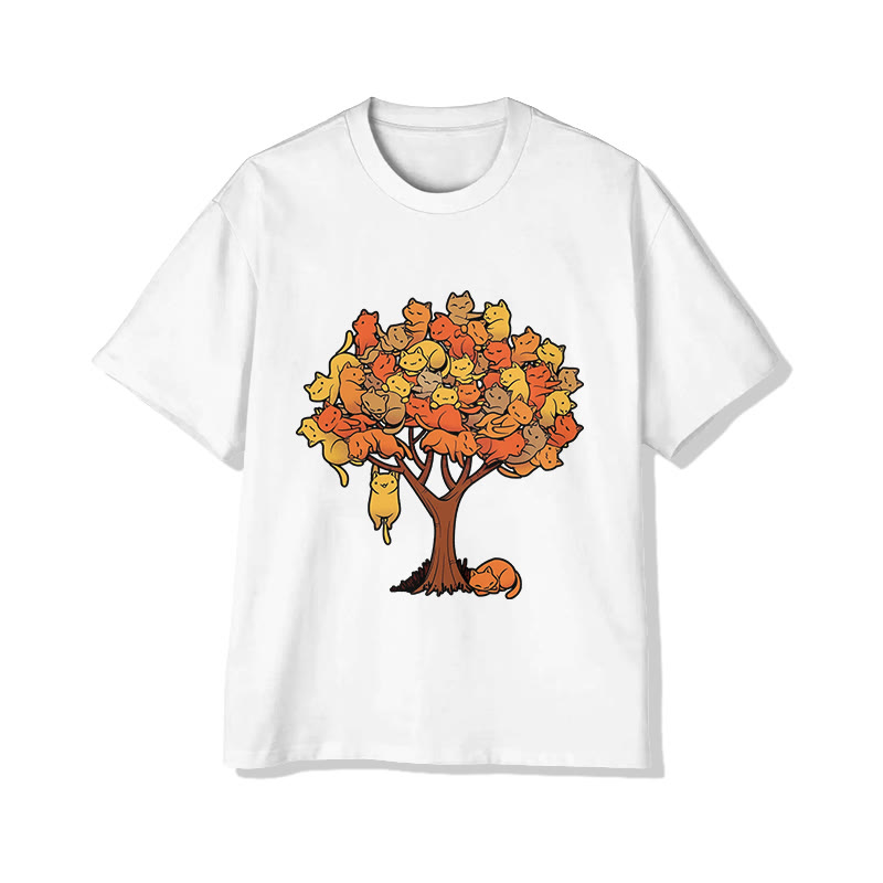 Unisex Cat Tree Pattern Short Sleeved Crew Neck T-Shirt - White - 2XL - image 2