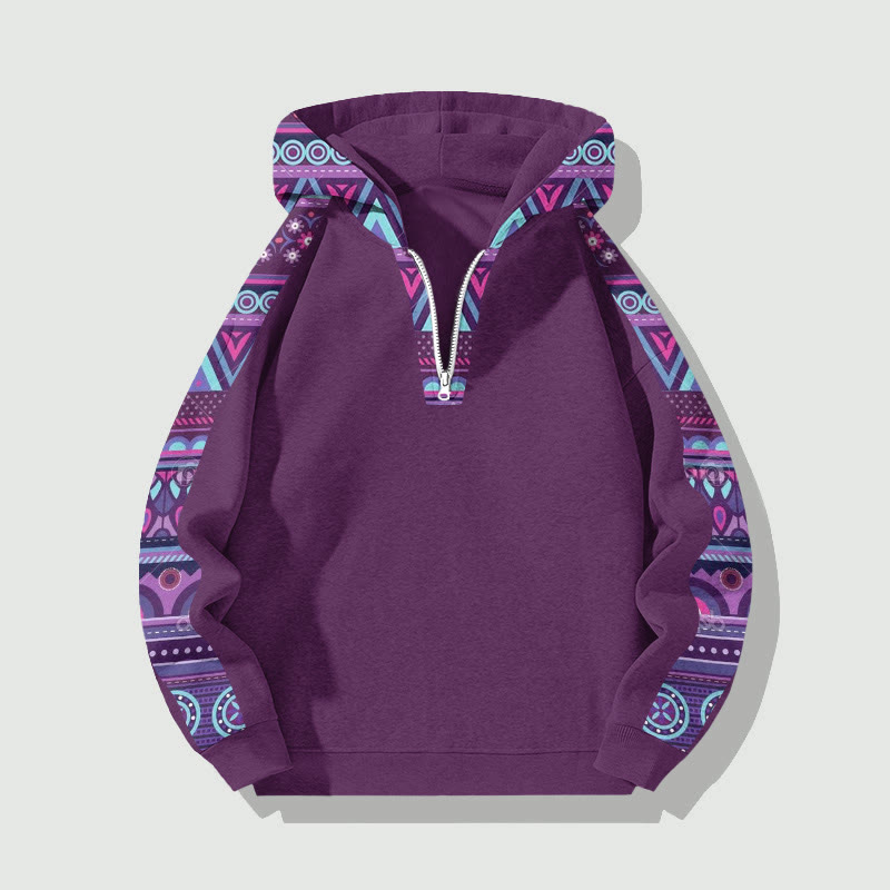 Unisex Retro Ethnic  Patterns Art Print Half Zip Hoodie - Purple - US32-34(5XL) - image 1