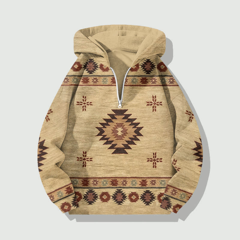 Unisex Retro Ethnic Totems Patterns Art Print Half Zip Hoodie - Khaki - US32-34(5XL) - image 1