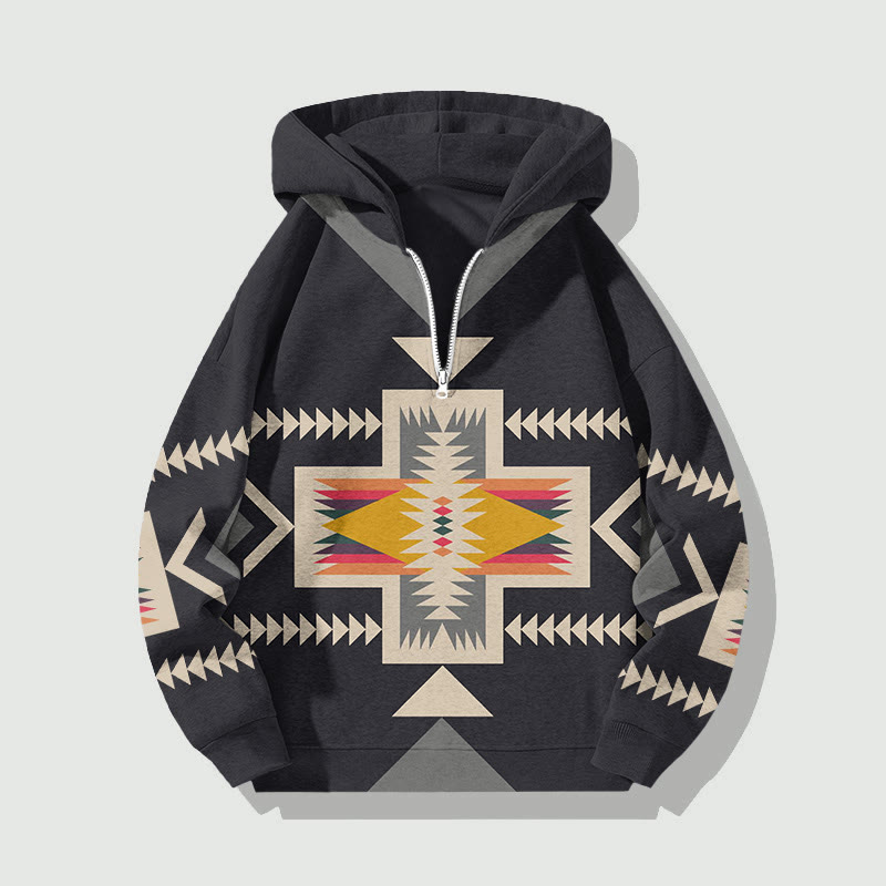 Unisex Multicolor Ethnic Geometric Patterns Art Print Half Zip Hoodie - Black - US32-34(5XL) - image 2