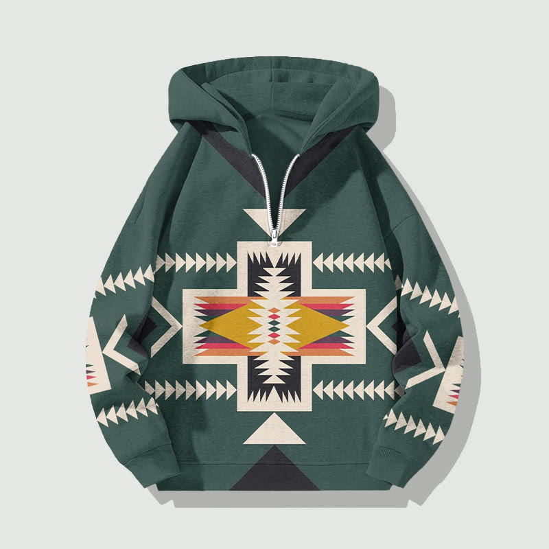 Unisex Multicolor Ethnic Geometric Patterns Art Print Half Zip Hoodie - Green - US32-34(5XL) - image 1