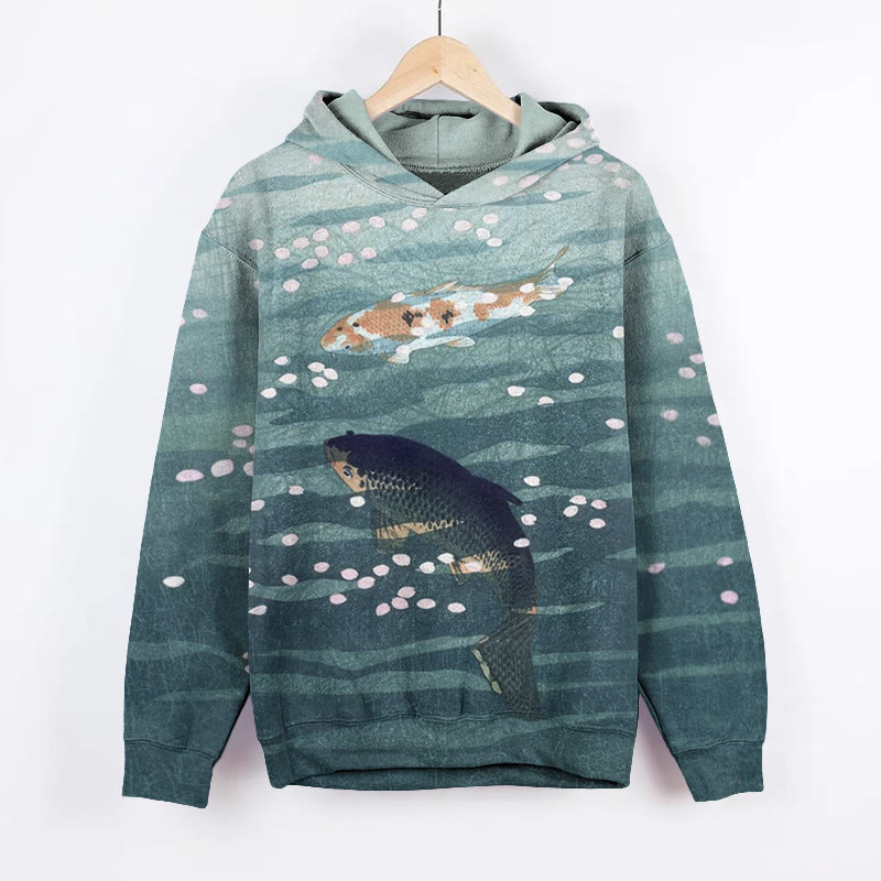 Unisex Koi Fish Pond Art Print Long Sleeved Hoodie - Green - US44-46(8XL) - image 1