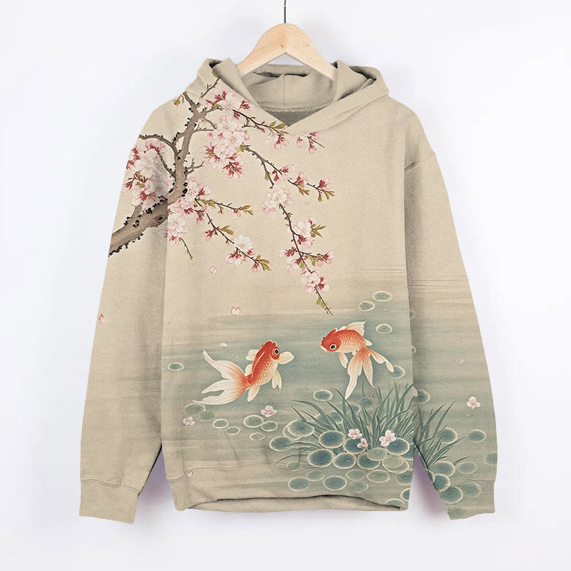 Retro Goldfish Under Sakura Tree Art Print Long Sleeve Hoodie - Khaki - US44-46(8XL) - image 1