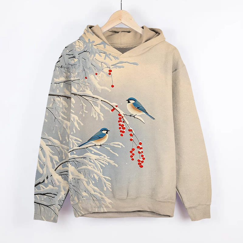 Winter Blue Bird Standing On The Snowy Branch Art Print Long Sleeve Hoodie - Khaki - US44-46(8XL) - image 1