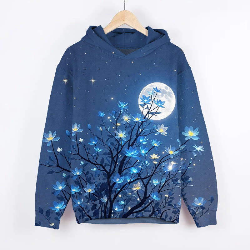 Glowing Blue Flowers Under The Moonlight Art Print Long Sleeve Hoodie - Blue - US44-46(8XL) - image 1
