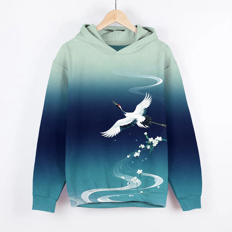 Japanese Ombre Flying White Crane & Flowers Art Print Long Sleeve Hoodie - Blue - US44-46(8XL) - image 1