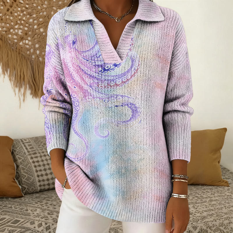 Unique Colored Octopus Art Pattern Polo Collar Long Sleeved Sweater - Multicolor - 5XL - image 1