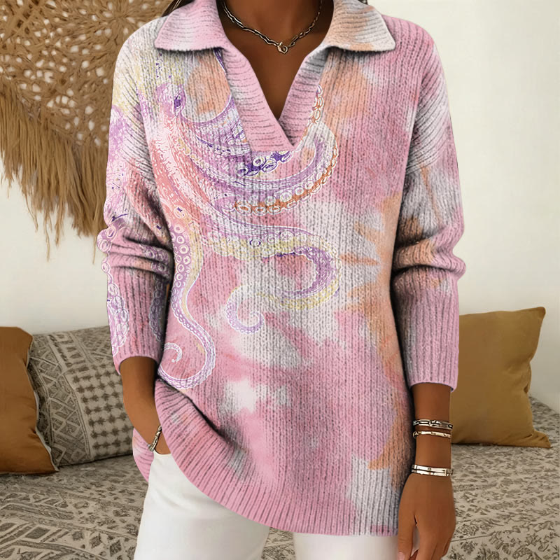 Creative Tie-dye Octopus Art Pattern Polo Collar Long Sleeved Sweater - Pink - 5XL - image 1