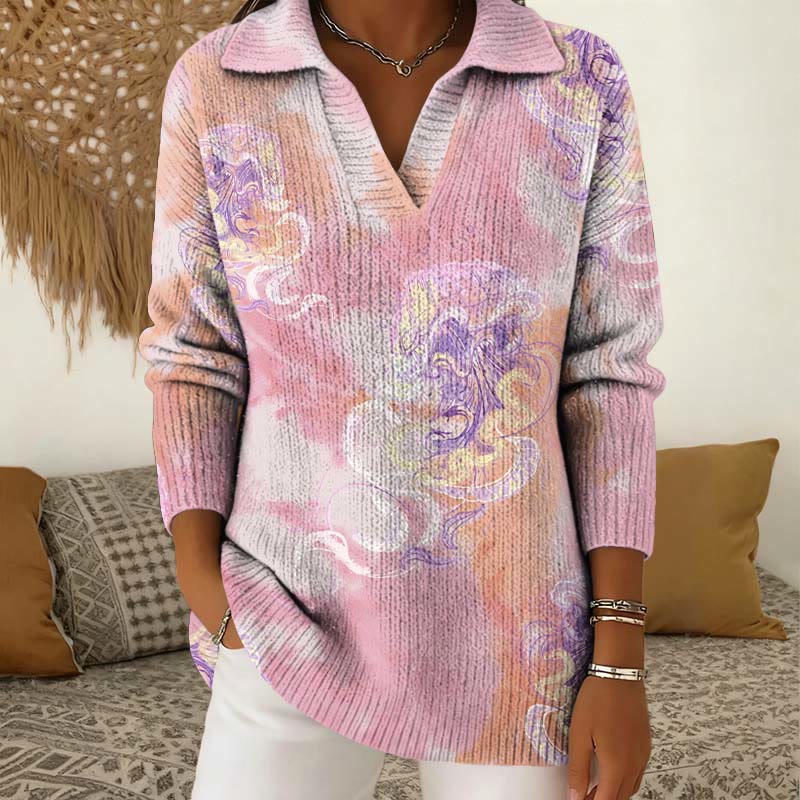 Vintage Tie-dye Abstract Jellyfish Polo Collar Long Sleeved Sweater - Pink - 5XL - image 1