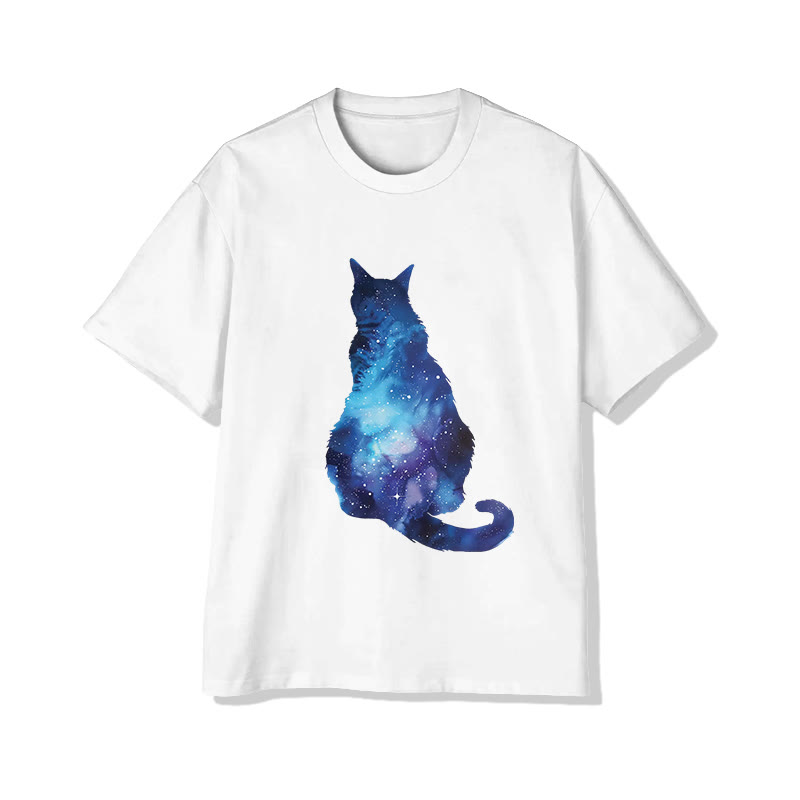 Unisex Aurora Cat Silhouette Print Short Sleeved Crew Neck T-shirt - White - 2XL - image 1
