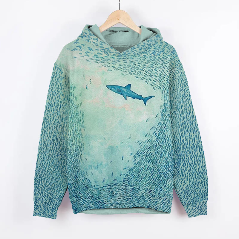 Unisex Oceanic Shark And Fish Swarm Print Long Sleeved Hoodie - Light Green - US44-46(8XL) - image 1