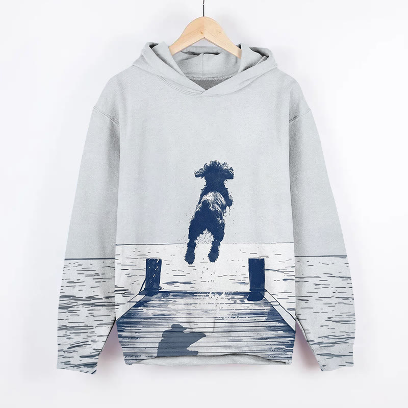 Unisex Happy Little Dog Art Print Long Sleeved Hoodie - Grey - US44-46(8XL) - image 1