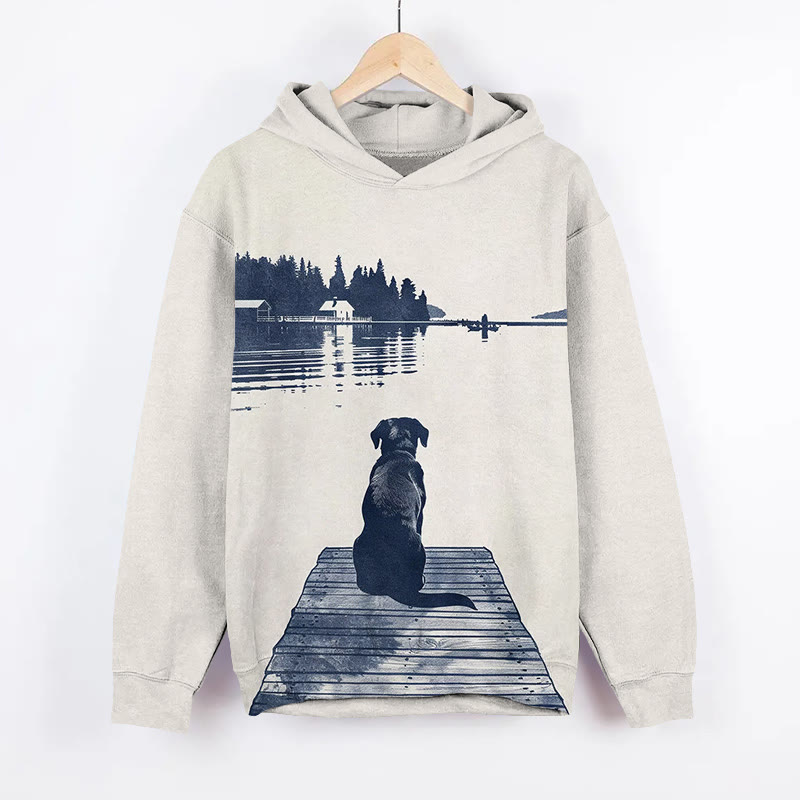 Unisex Puppy By The Lake Art Print Long Sleeved Hoodie - Apricot - US44-46(8XL) - image 1