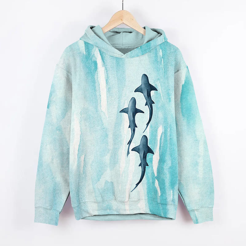 Unisex Watercolor Shark Group Print Long Sleeved Hoodie - Light Blue - US44-46(8XL) - image 1