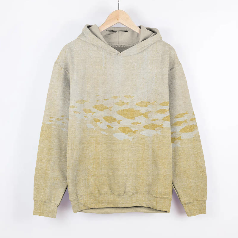 Unisex Vintage Fish School Print Long Sleeved Hoodie - Yellow - US44-46(8XL) - image 4