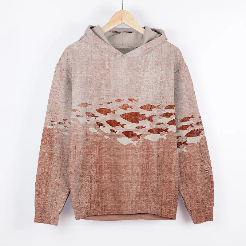 Unisex Vintage Fish School Print Long Sleeved Hoodie - Orange - US44-46(8XL) - image 3