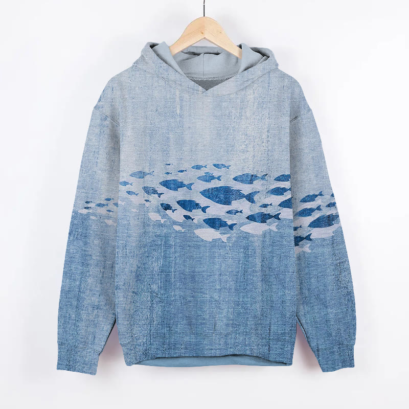 Unisex Vintage Fish School Print Long Sleeved Hoodie - Blue - US44-46(8XL) - image 2