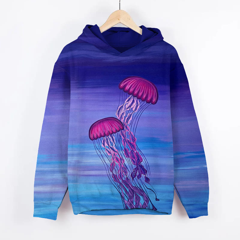 Unisex Gradient Jellyfish  Print Long Sleeved Hoodie - Blue - US44-46(8XL) - image 1