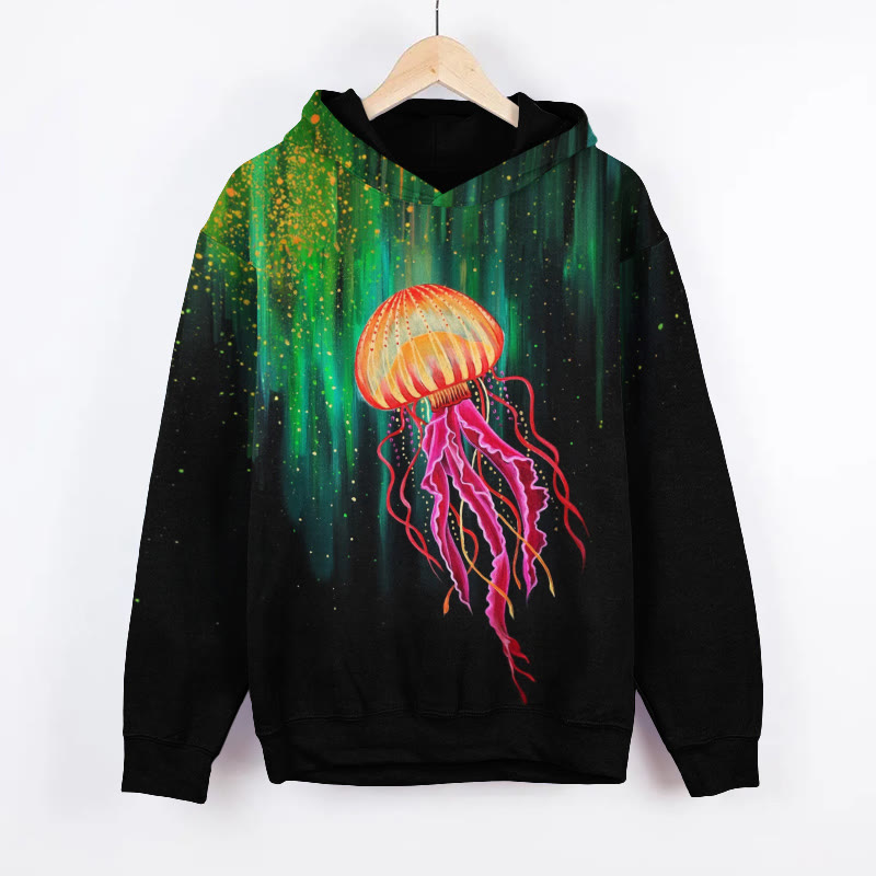 Unisex Aurora Jellyfish Print Long Sleeved Hoodie - Black - US44-46(8XL) - image 1