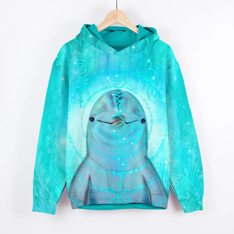Unisex Ocean Seal Rune Scan Print Long Sleeved Hoodie - Lake Blue - US44-46(8XL) - image 1