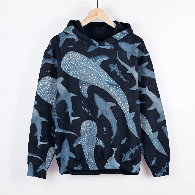 Unisex Watercolor Whale Shark Art Print Long Sleeved Hoodie - Dark Blue - US44-46(8XL) - image 2